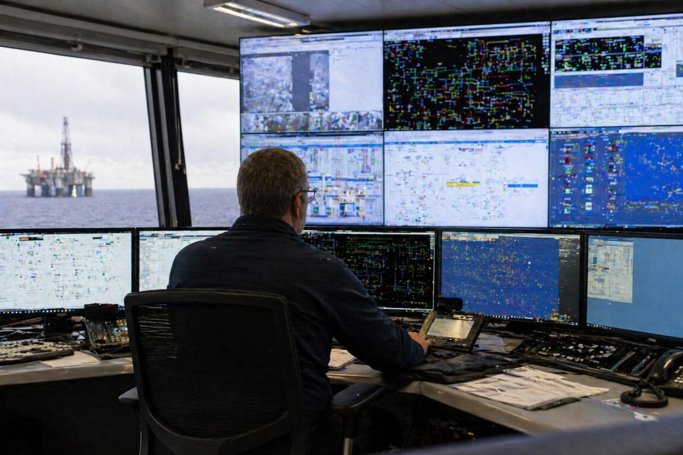 Offshore control room operator monitoring multiple data feeds with an oil platform visible through the window