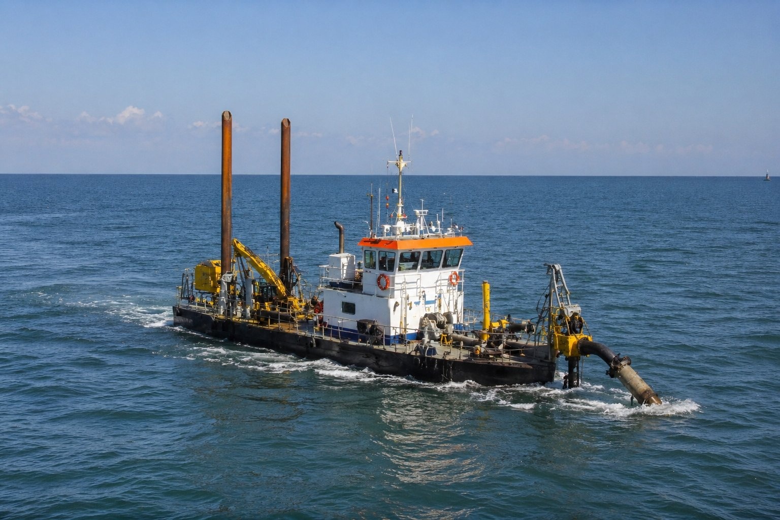 A trenching support vessel similar to Donna the Dregger, working at sea with stinger arm deployed off the stern.