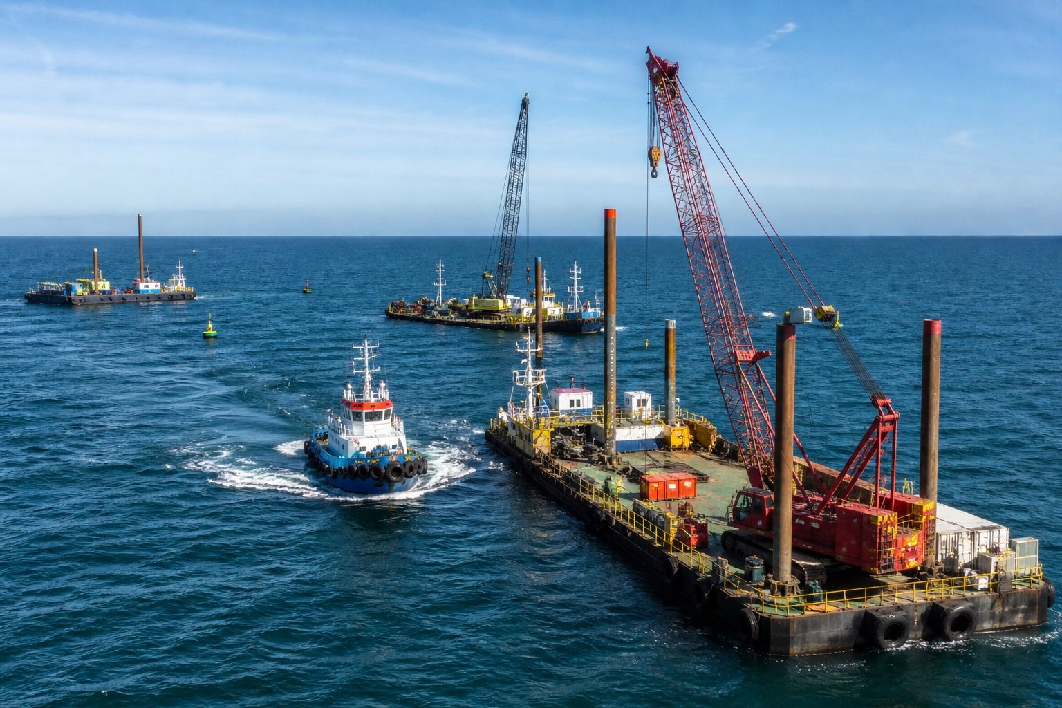 Multiple vessels at anchor and at work in a busy maritime corridor — barges, a tug, and a jack-up crane rig within meters of each other.